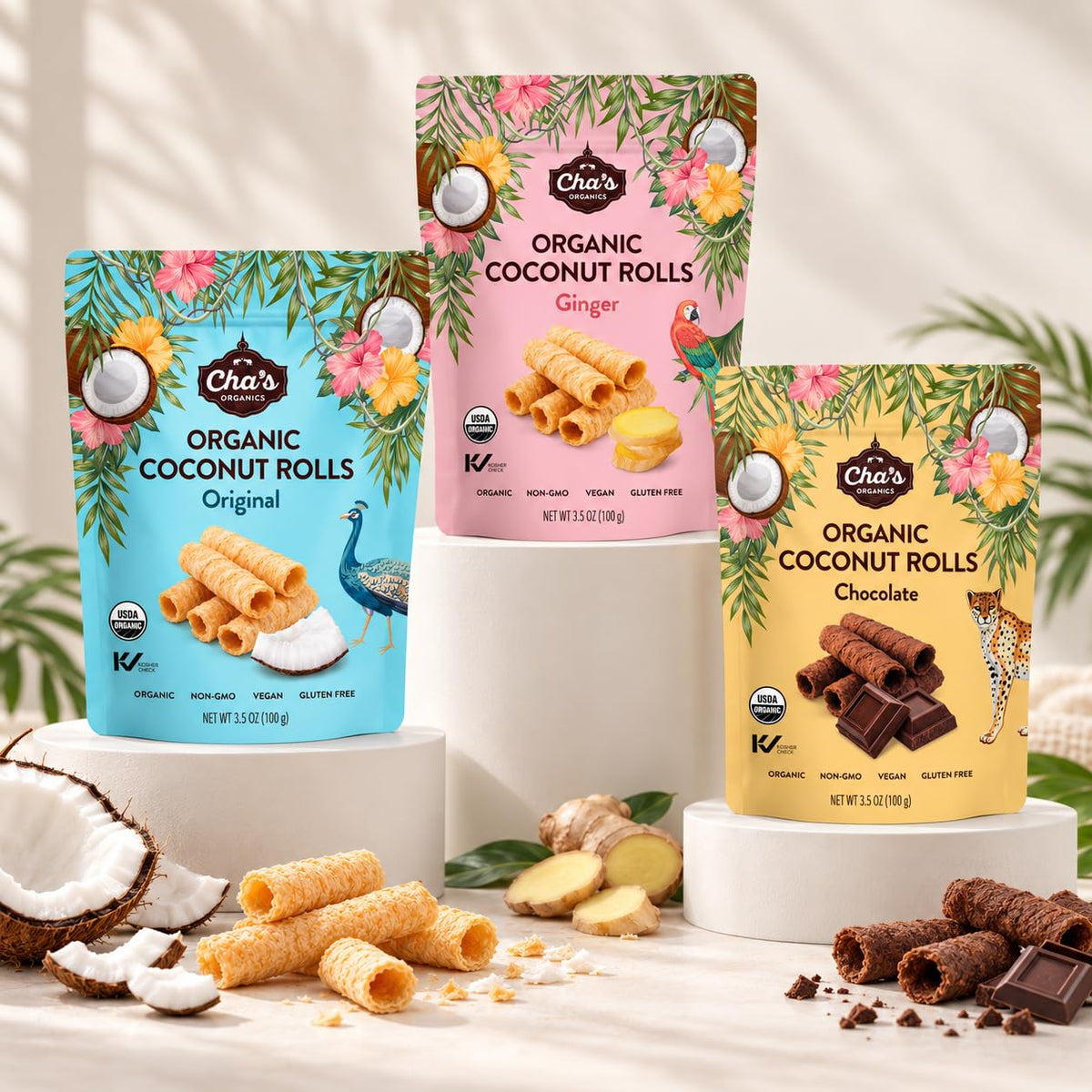 Cha's Organics Organic Coconut Rolls Variety Pack, 3 Flavors, 3.5 oz Each