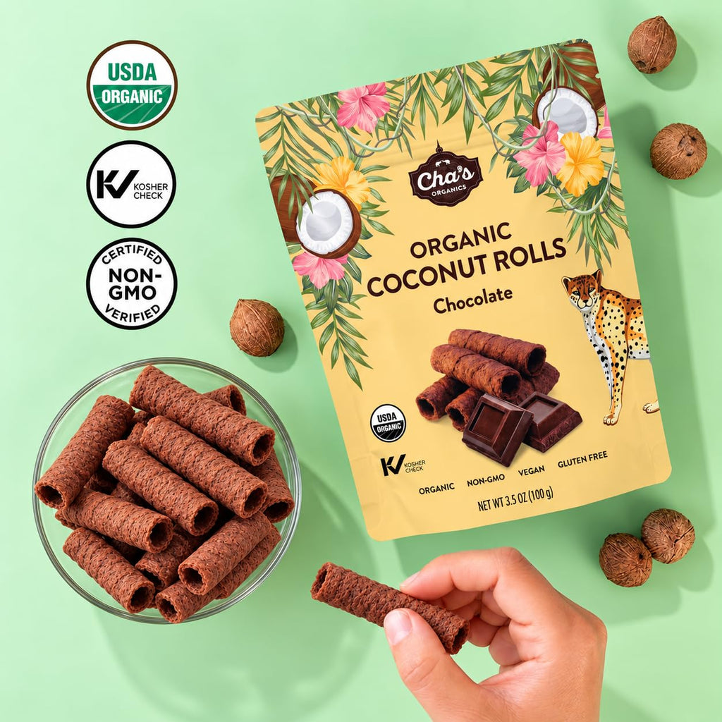 Cha's Organics Coconut Rolls, Organic Gluten Free Wafer Cookies, 3.5oz