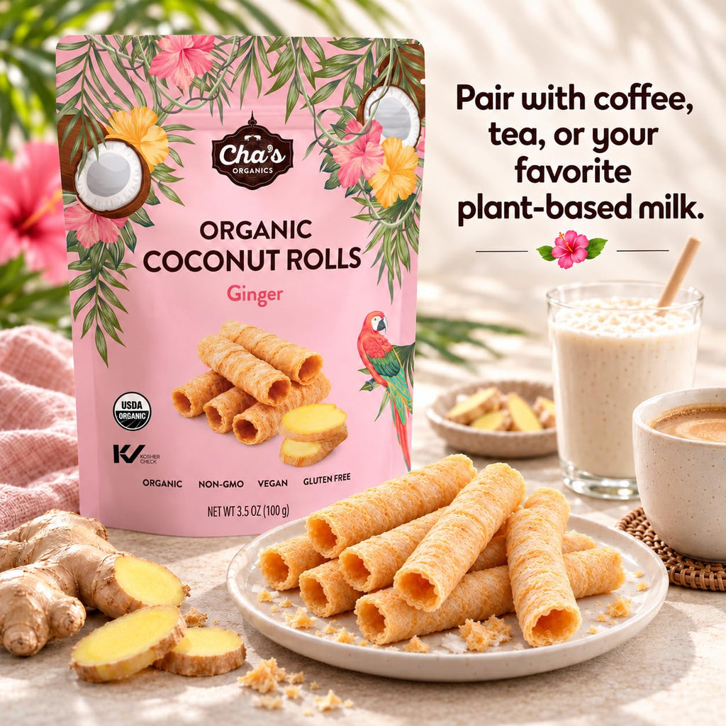 Cha's Organics Coconut Rolls, Organic Gluten Free Wafer Cookies, 3.5oz