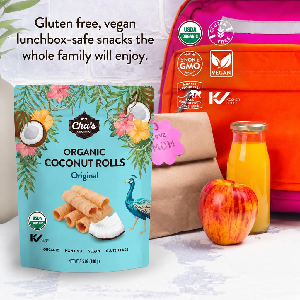 Cha's Organics Coconut Rolls, Organic Gluten Free Wafer Cookies, 3.5oz