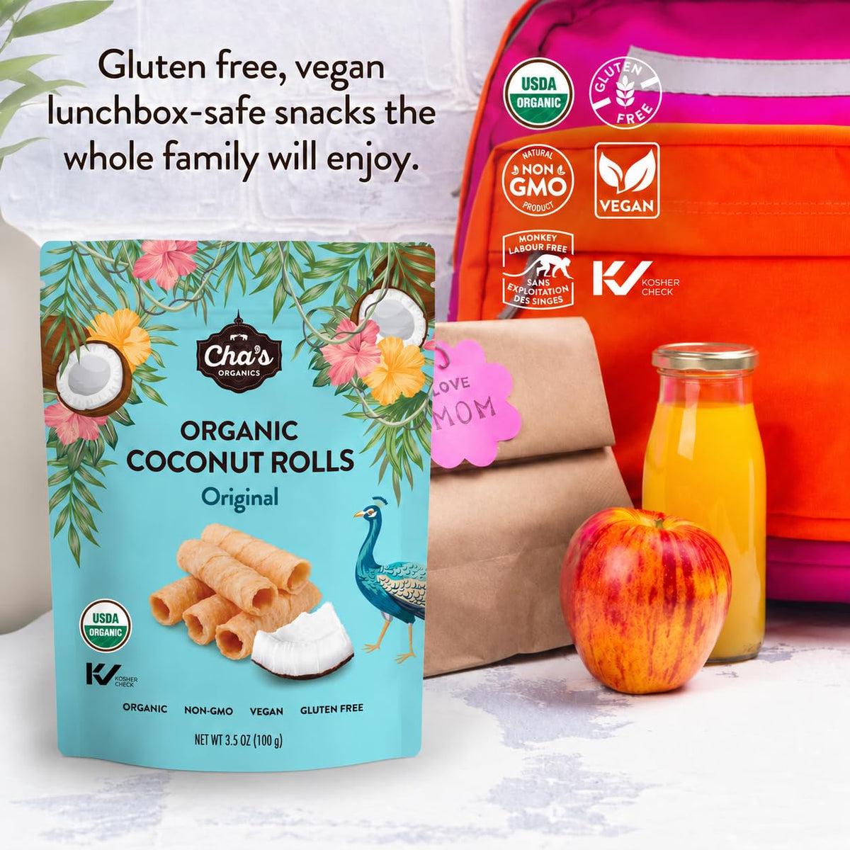 Cha's Organics Coconut Rolls, Organic Gluten Free Wafer Cookies, 3.5oz