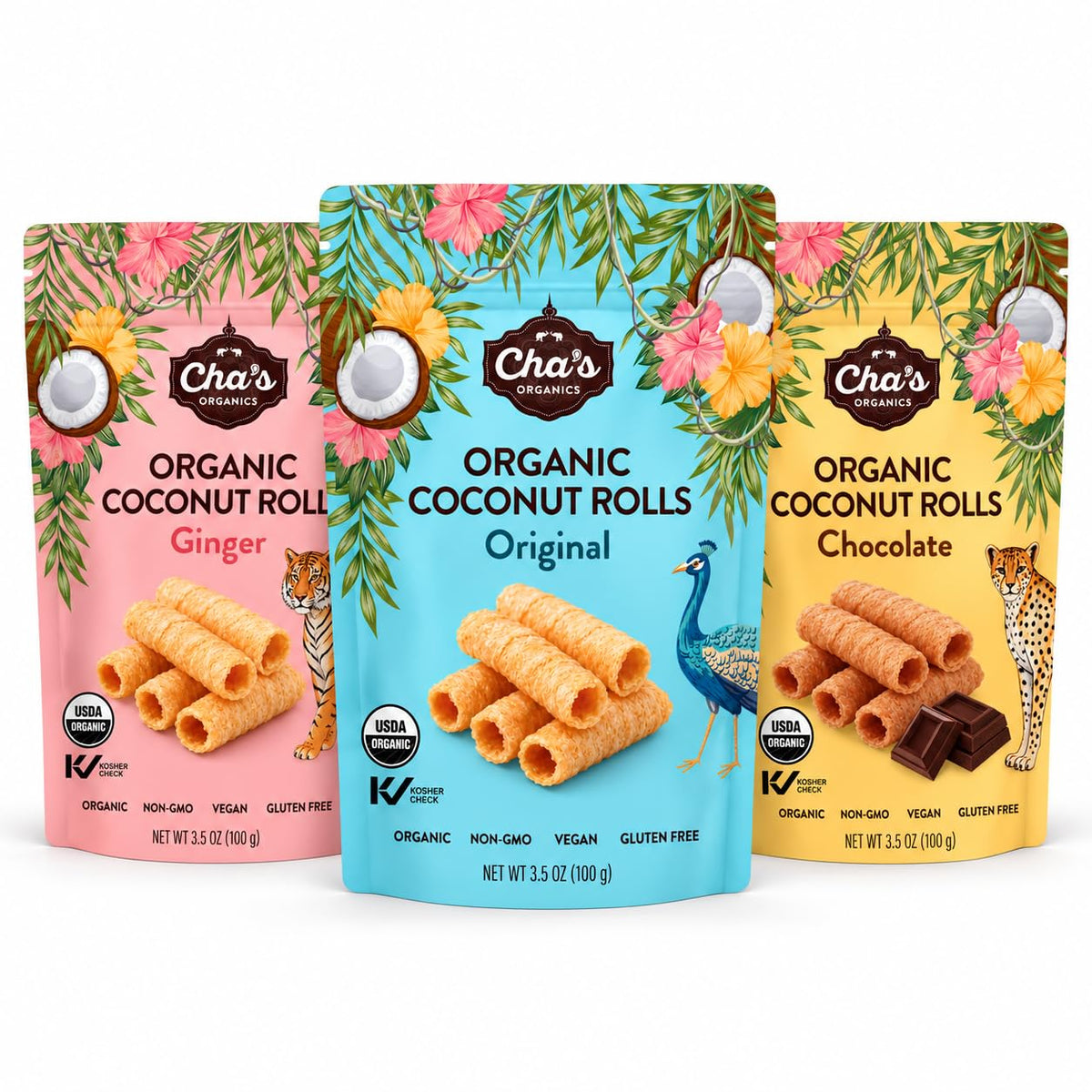 Cha's Organics Organic Coconut Rolls Variety Pack, 3 Flavors, 3.5 oz Each