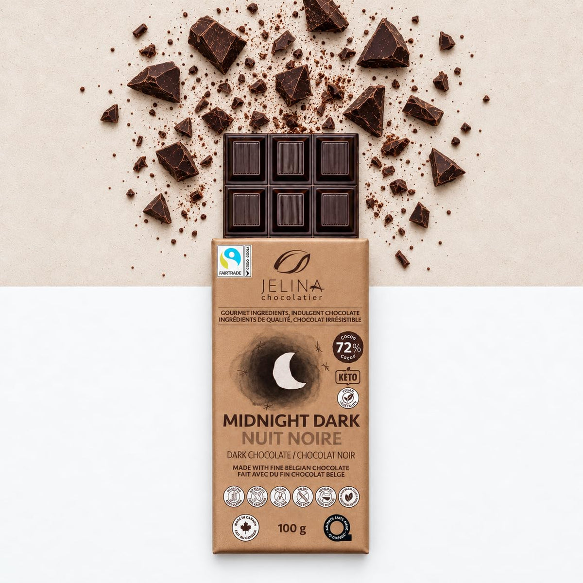 Jelina Chocolatier Belgian Dark Chocolate Sea Salt Bars, 72% Cacao, 8-Pack