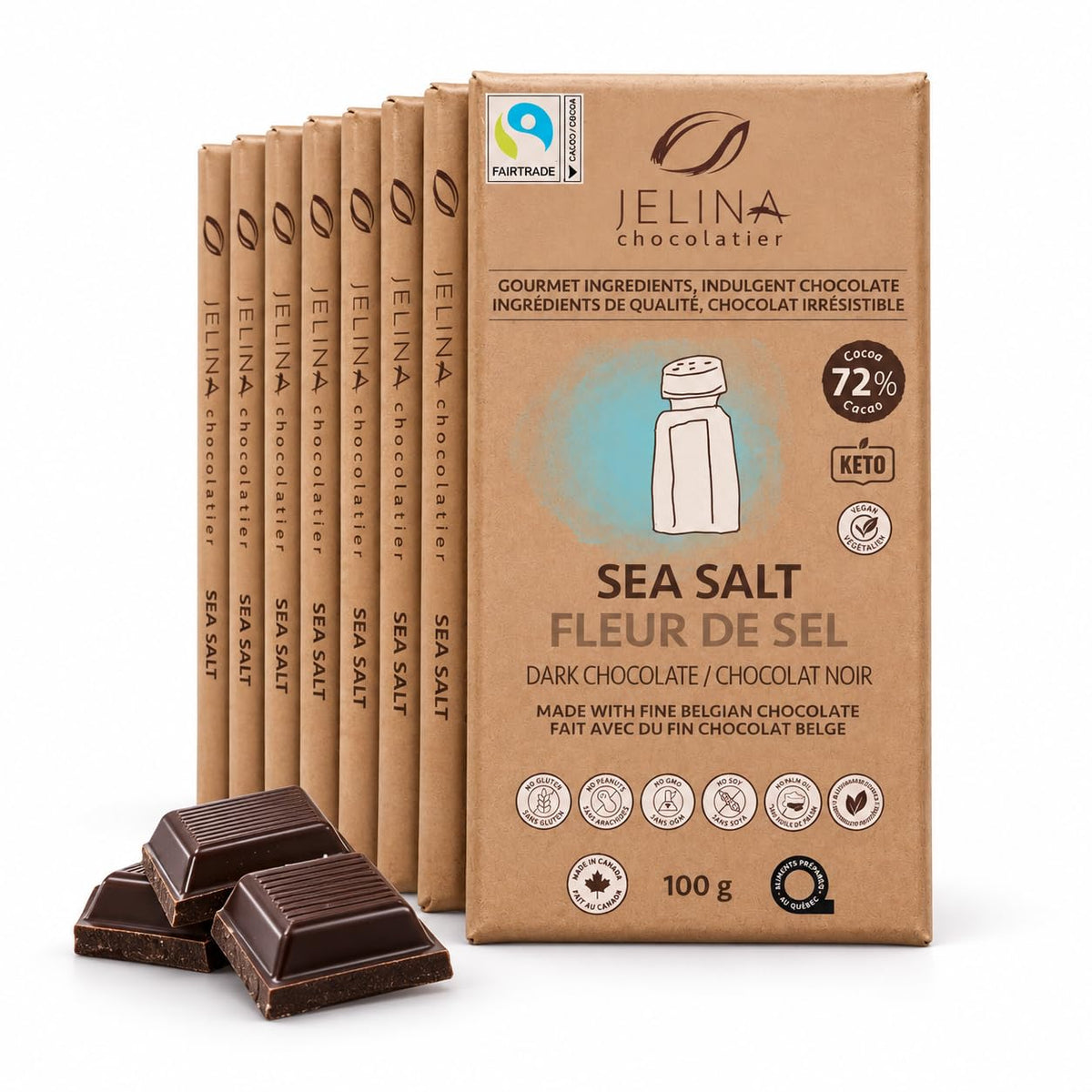Jelina Chocolatier Belgian Dark Chocolate Sea Salt Bars, 72% Cacao, 8-Pack