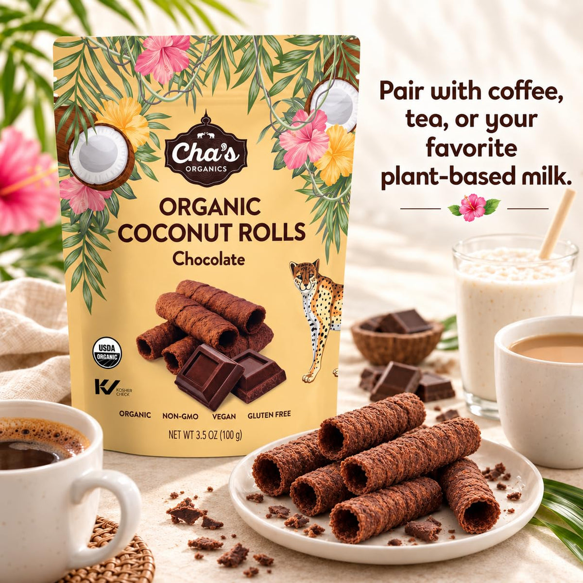 Cha's Organics Coconut Rolls, Organic Gluten Free Wafer Cookies, 3.5oz