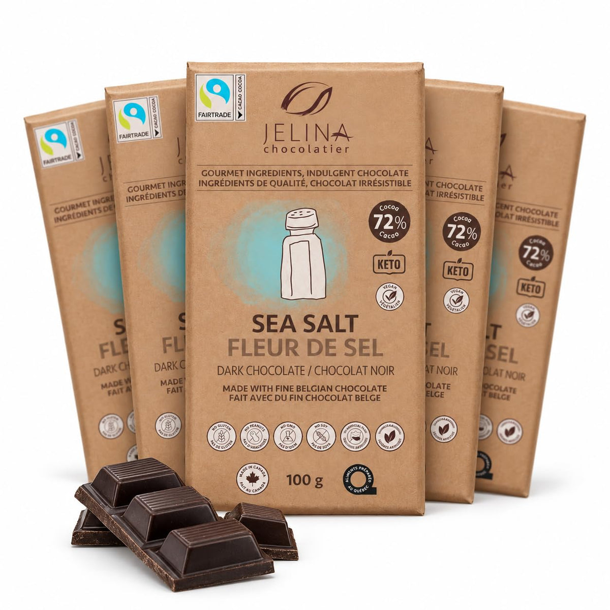 Jelina Chocolatier Belgian Dark Chocolate Sea Salt Bars, 72% Cacao, 5-Pack