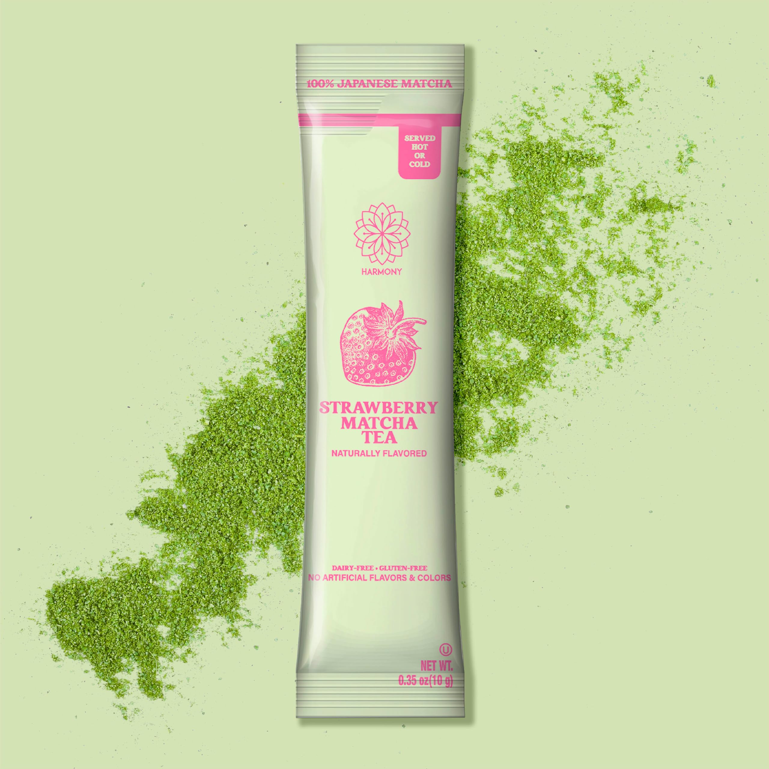 The Harmony Matcha Strawberry (10 Sticks) Premium Japanese Matcha Powder, Rich in Antioxidants & L-Theanine, Sweetened with Organic Sugar, No Preservatives