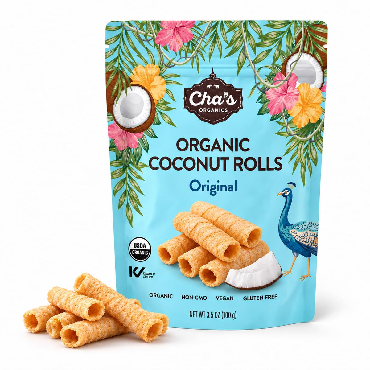 Cha's Organics Coconut Rolls, Organic Gluten Free Wafer Cookies, 3.5oz