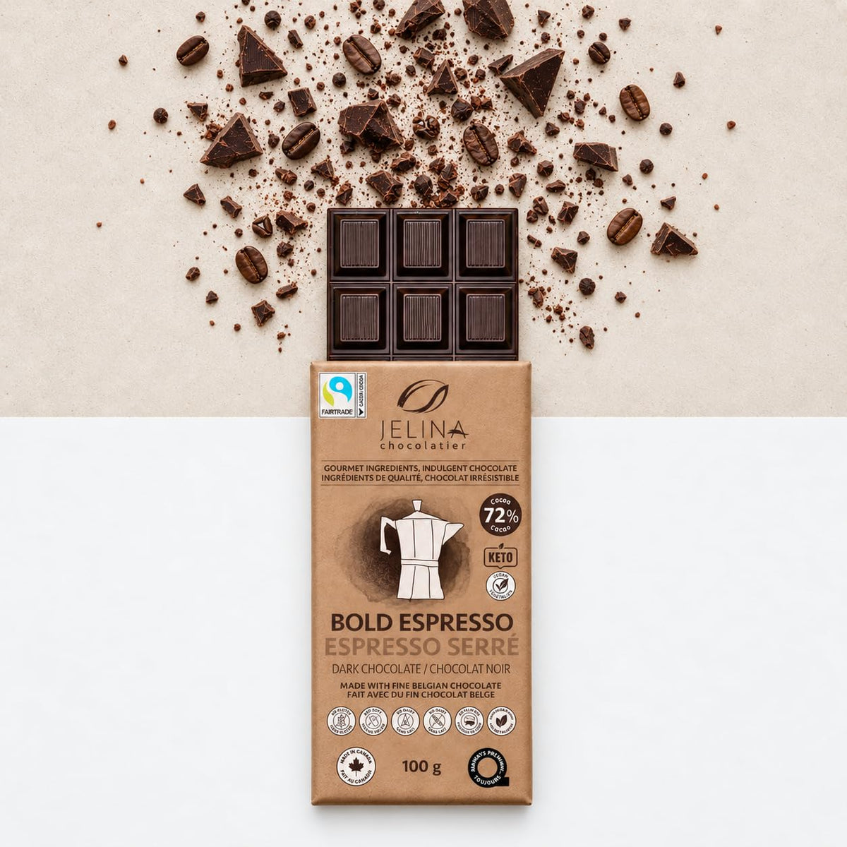 Jelina Chocolatier Belgian Dark Chocolate Sea Salt Bars, 72% Cacao, 5-Pack