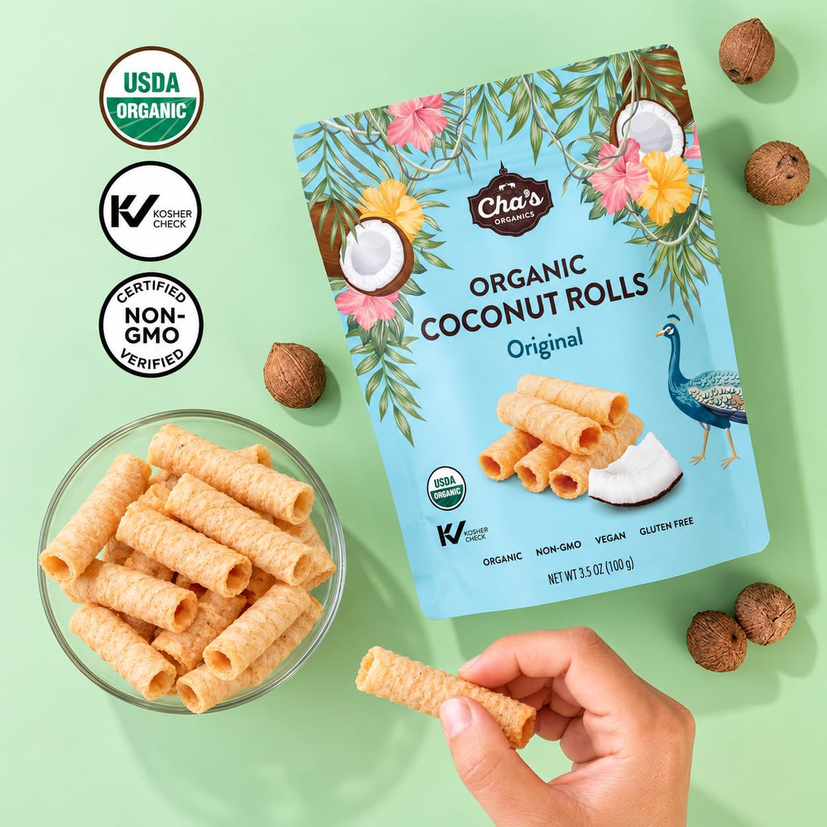Cha's Organics Organic Coconut Rolls Variety Pack, 3 Flavors, 3.5 oz Each