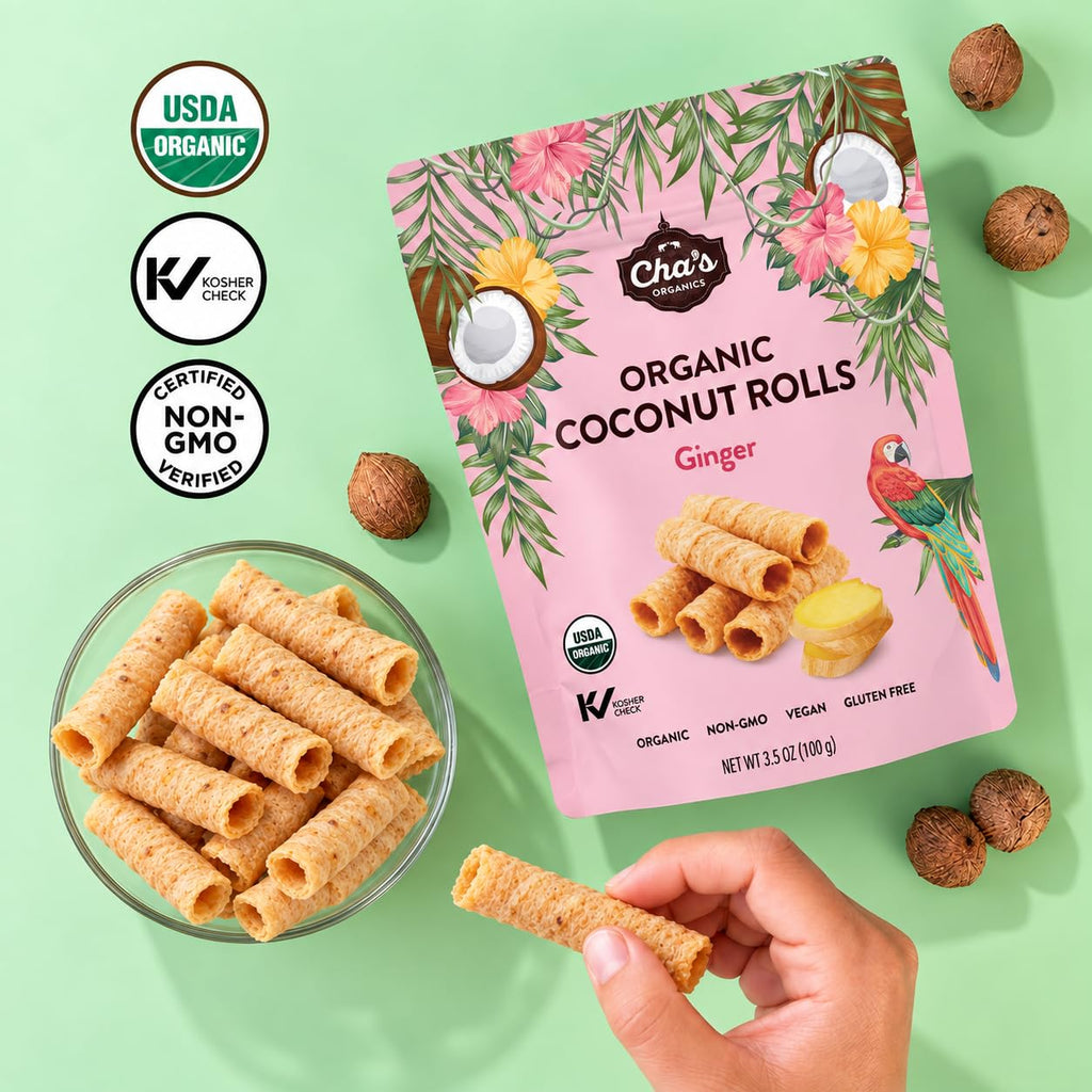 Cha's Organics Coconut Rolls, Organic Gluten Free Wafer Cookies, 3.5oz