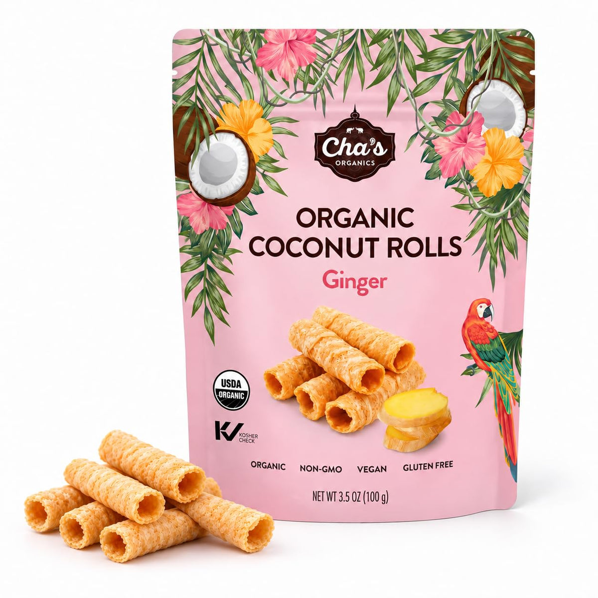 Cha's Organics Coconut Rolls, Organic Gluten Free Wafer Cookies, 3.5oz