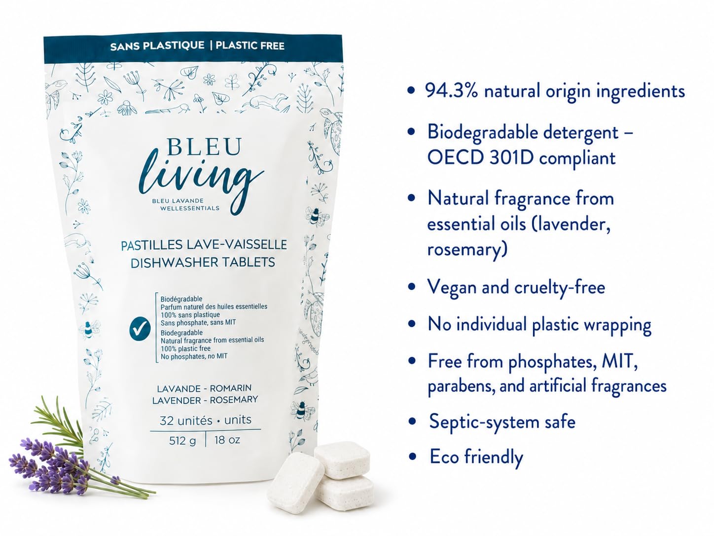 Bleu Lavande Plastic-Free Dishwasher Tablets, Lavender Rosemary, 32 Count