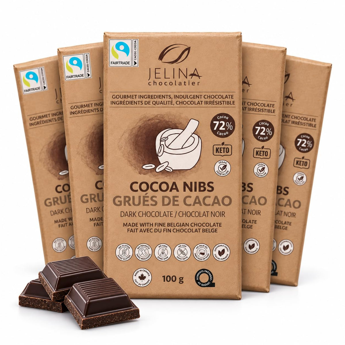 Jelina Chocolatier Belgian Dark Chocolate Sea Salt Bars, 72% Cacao, 5-Pack