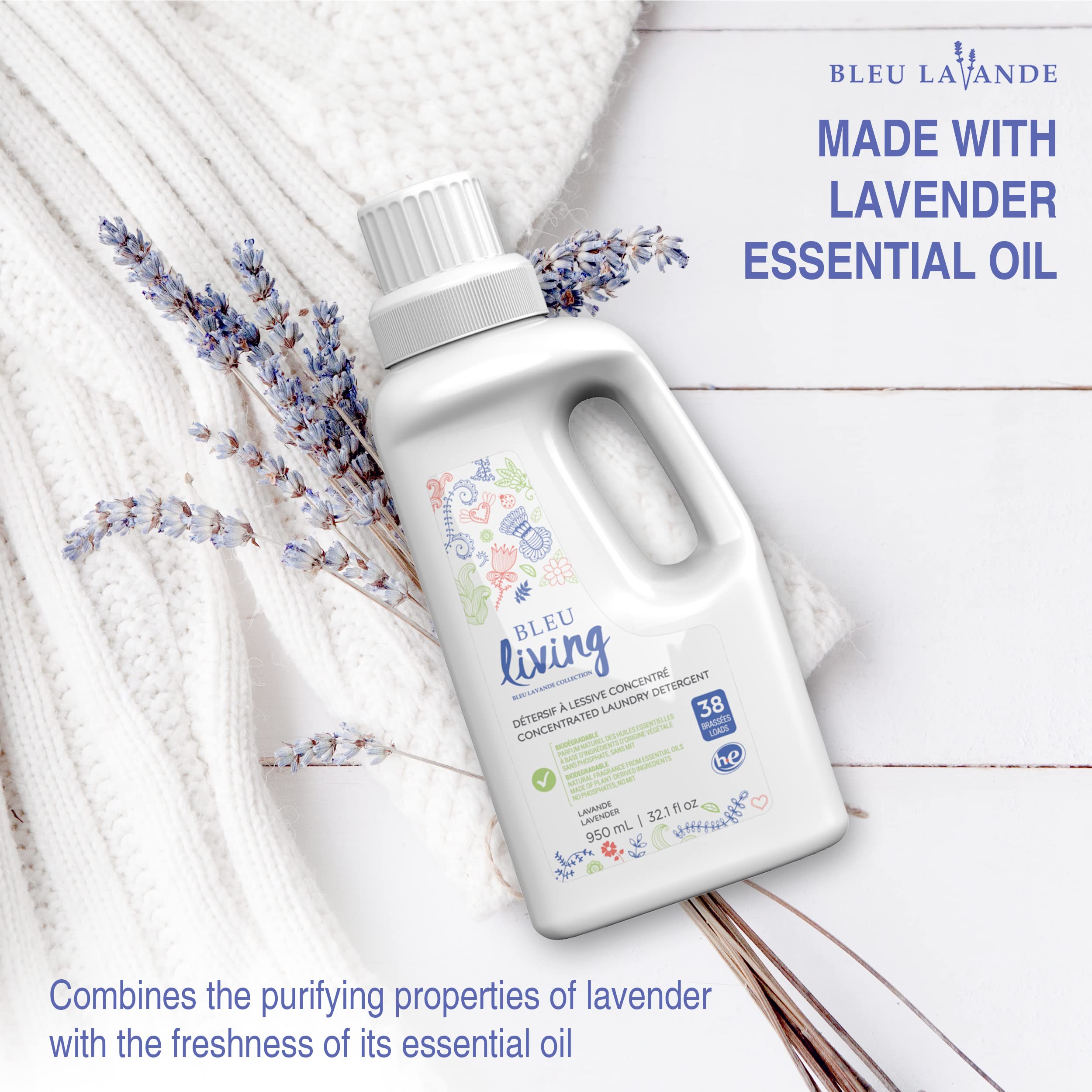 Bleu Lavande - 3 Pack Natural Liquid Laundry Detergent - Concentrated Detergent - Biodegradable - Pure Lavender Essential Oil - No Phosphates - No artificial fragrances - 3x 32.1 Fl Oz