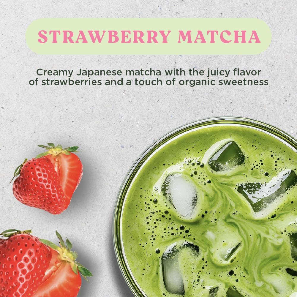 The Harmony Matcha Strawberry (10 Sticks) Premium Japanese Matcha Powder, Rich in Antioxidants & L-Theanine, Sweetened with Organic Sugar, No Preservatives