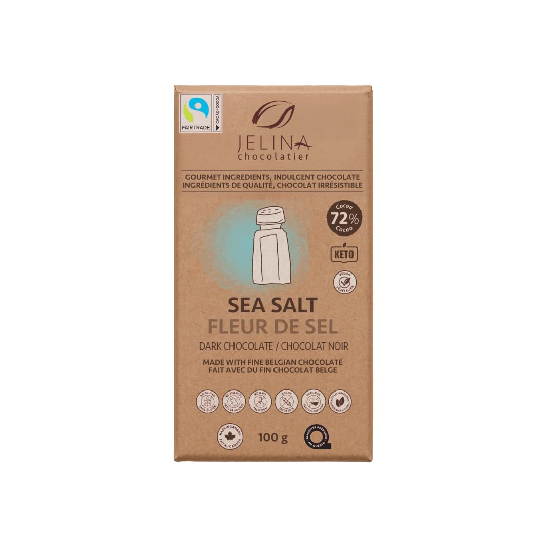 Jelina Chocolatier Belgian Dark Chocolate Sea Salt Bars, 72% Cacao, 8-Pack