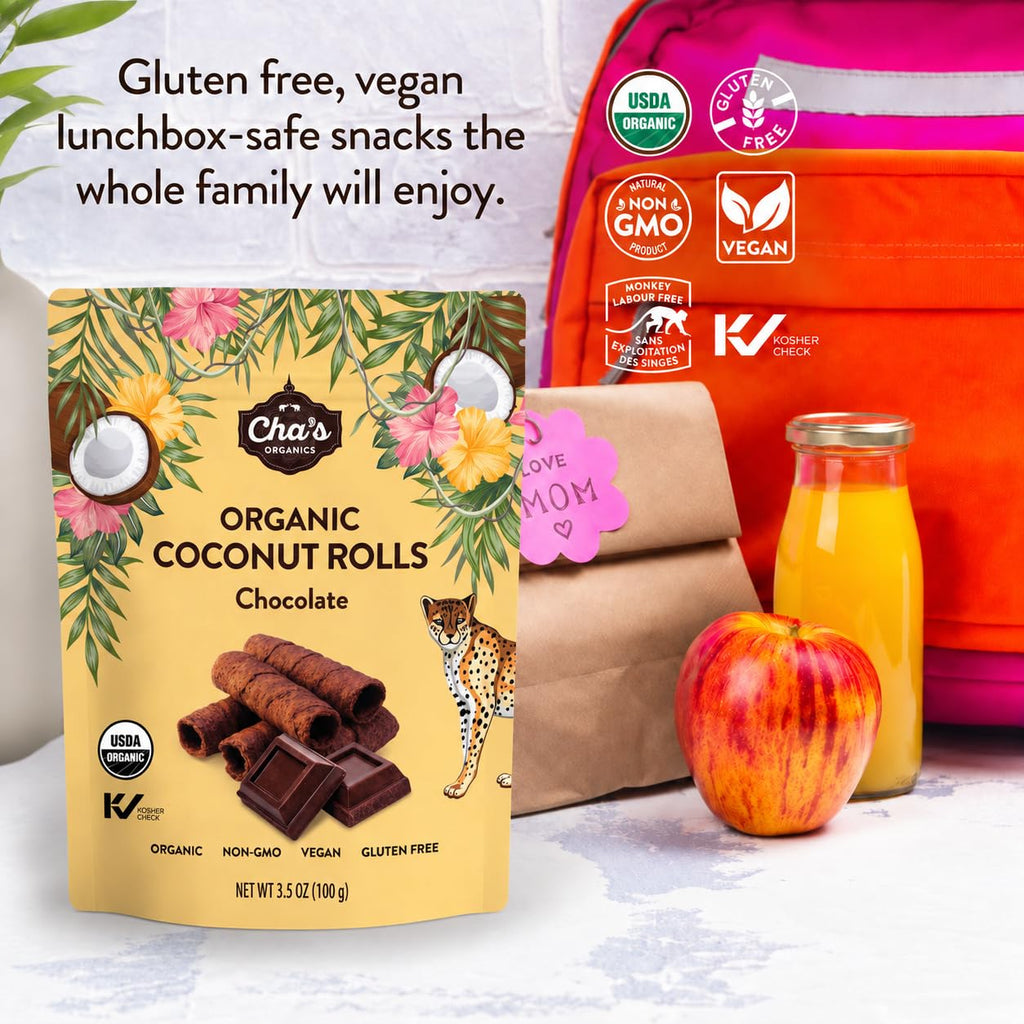 Cha's Organics Coconut Rolls, Organic Gluten Free Wafer Cookies, 3.5oz