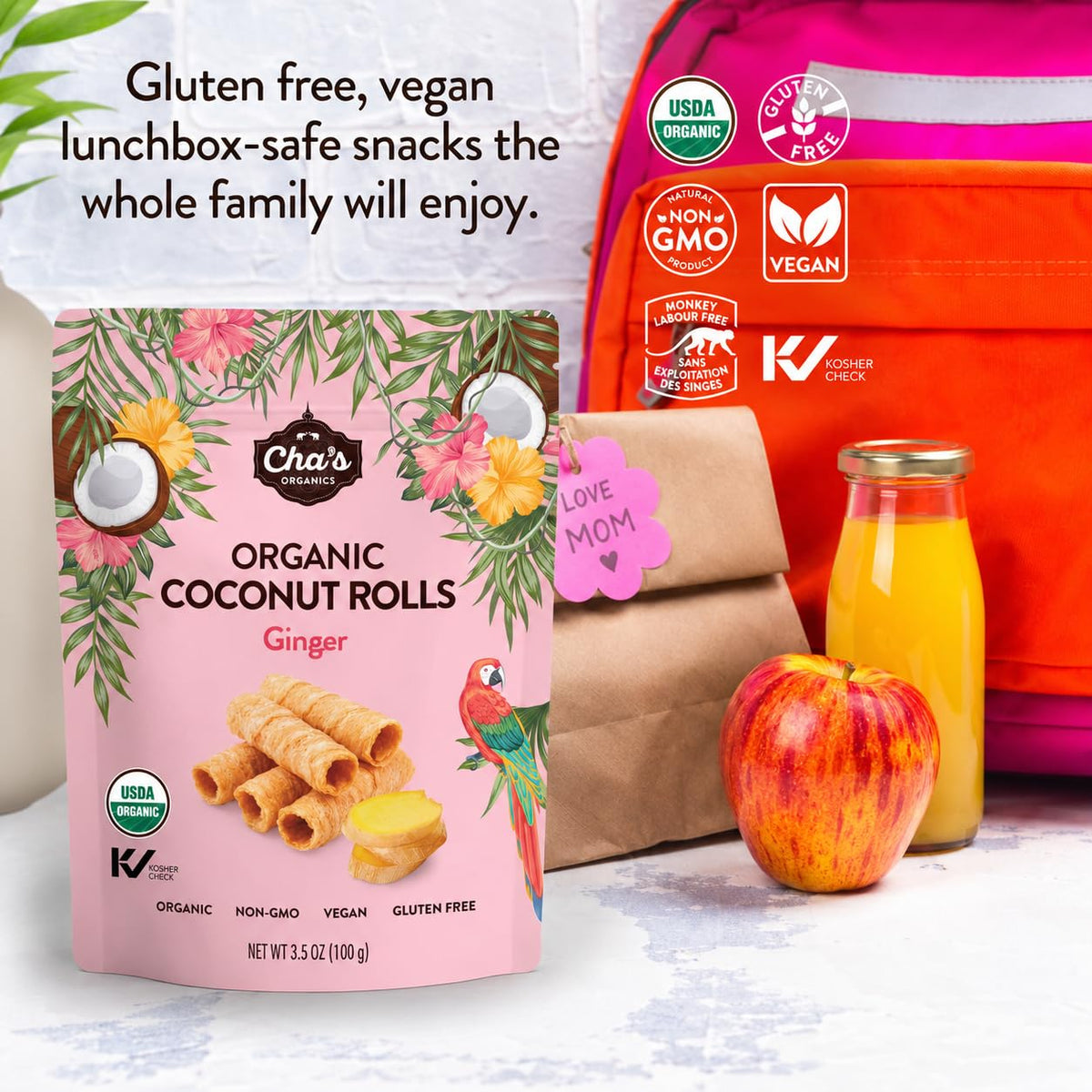 Cha's Organics Coconut Rolls, Organic Gluten Free Wafer Cookies, 3.5oz