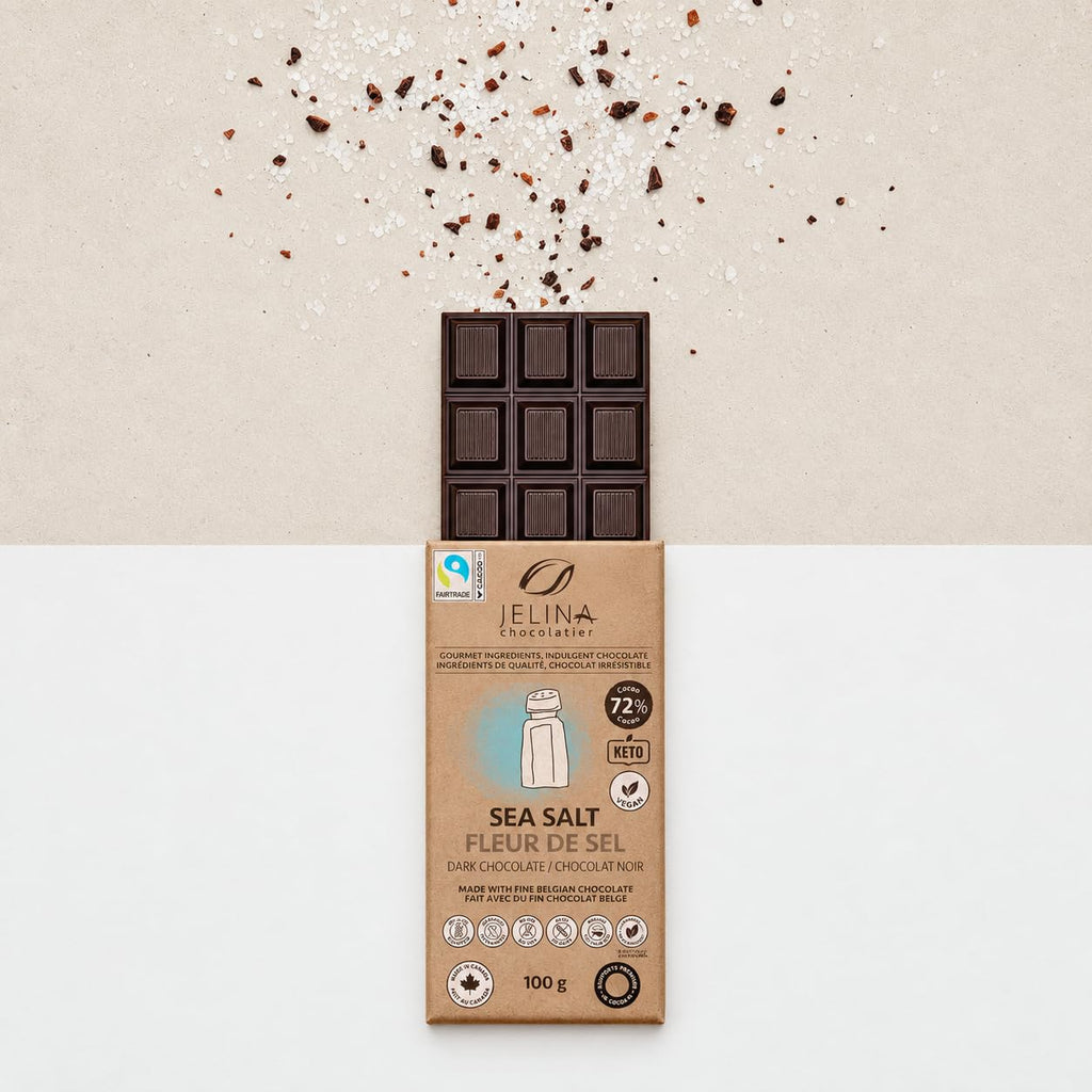 Jelina Chocolatier Belgian Dark Chocolate Sea Salt Bars, 72% Cacao, 8-Pack
