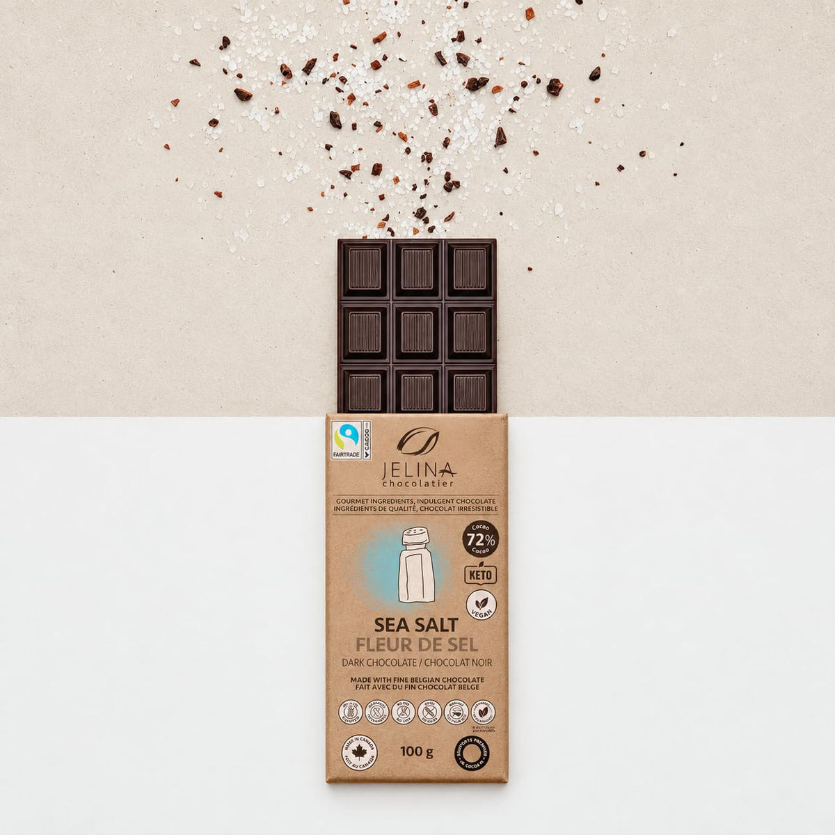 Jelina Chocolatier Belgian Dark Chocolate Sea Salt Bars, 72% Cacao, 8-Pack